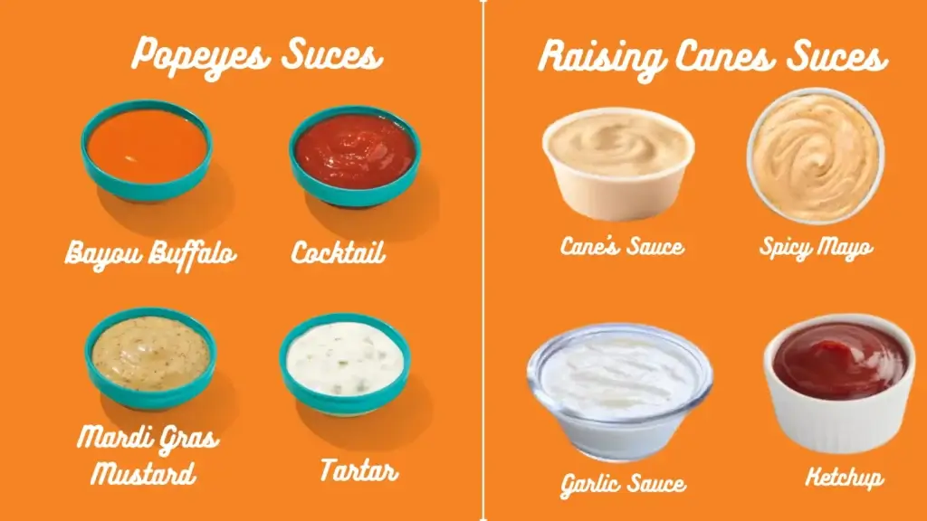 Raising Canes vs Popeyes: Which Has the Best Chicken Tenders? 1 Image showing sauces of both brands